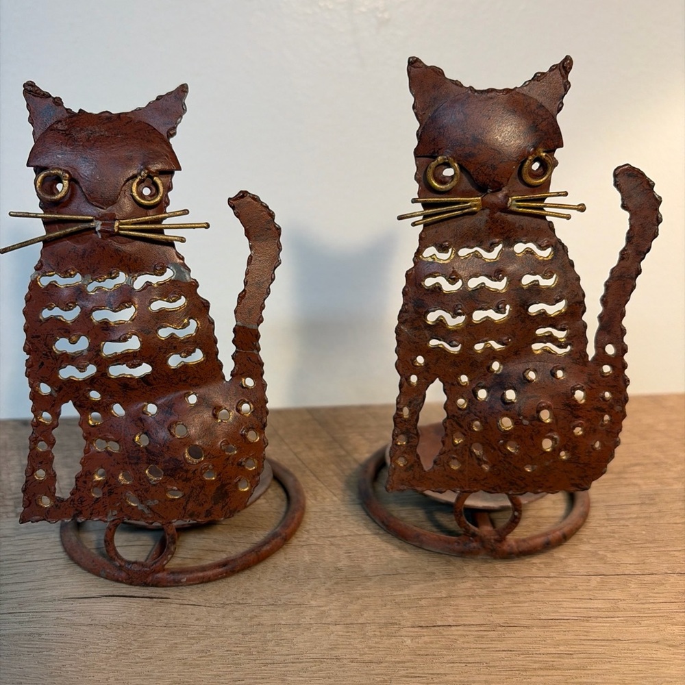 Rustic Metal Brown Cat Sculpture Candle Holder Set